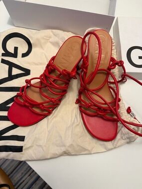 Ganni Red Knotted Rope Lace-Up Flat Sandals
